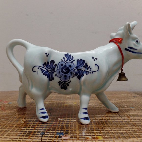 Vintage Porcelain Blue Glazed Delft Cow Creamer DBL Crown Logo w/Bell - Picture 9 of 12